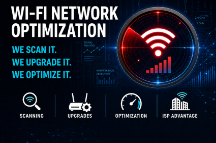 We analyze and diagnose weak Wi-Fi coverage, slow speeds, and interference in home and business Wi-Fi networks. Our experts scan the environment, recommend upgrades, optimize equipment, and settings to deliver stronger, faster, more reliable wireless perf